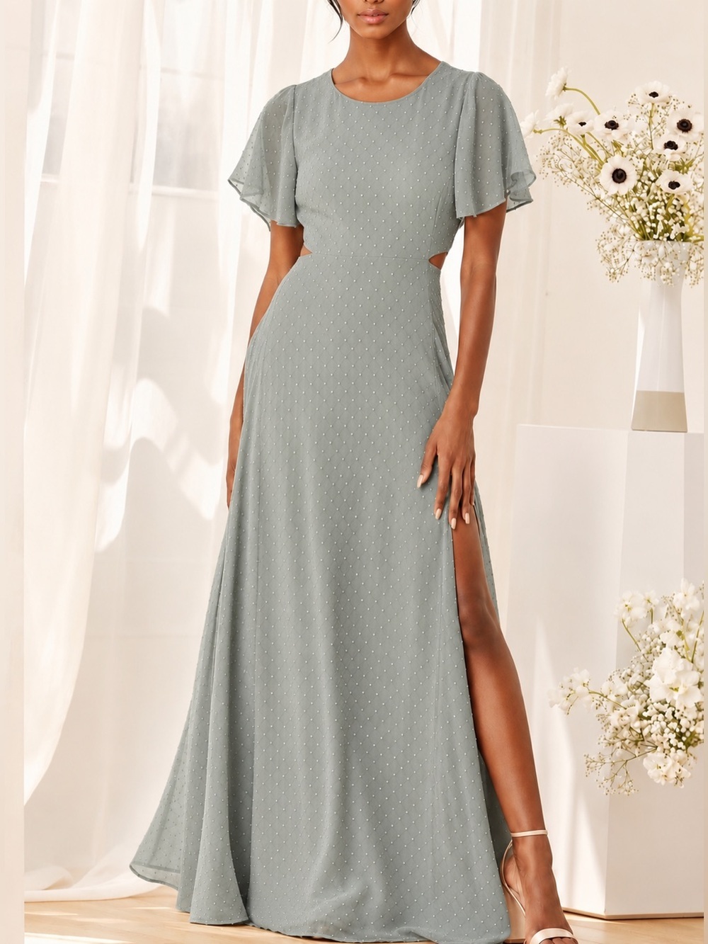 Lulus Deep In My Heart NWT sage green Swiss dot maxi dress, medium